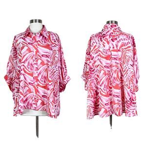 Entro | Abstract Zebra Pink Orange Stripe Oversized Short Sleeve Button Blouse